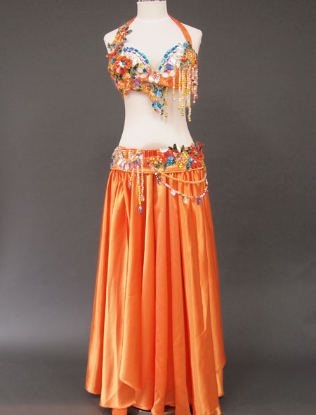 ベリーダンス衣装】色鮮やかなオレンジにカラフルな装飾が明るく映える
