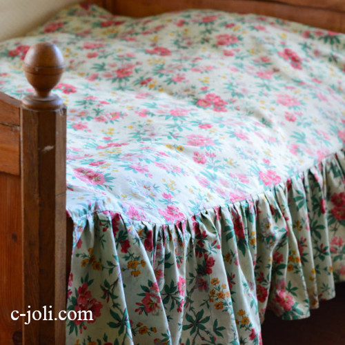 B1176 フランスアンティークリネンベッドスプレッド/ベッドカバー 花柄
