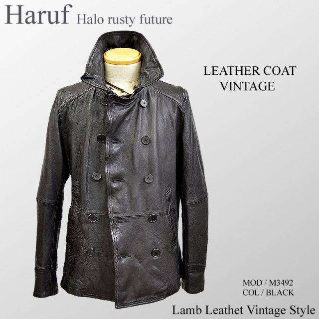 ビンテージ加工 レザーピーコート ショートピーコート メンズ 本革