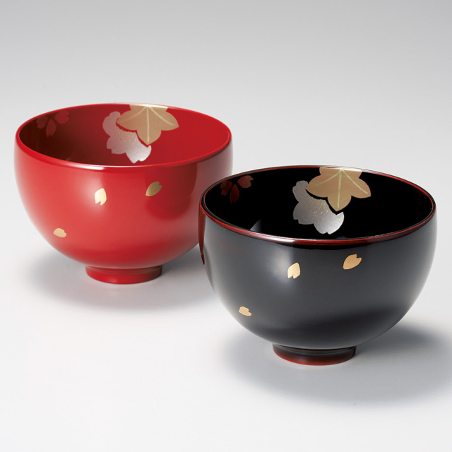 夫婦椀 こぼれ梅 うるしカップ ピンク・モスグリーン 2客セット 漆塗り