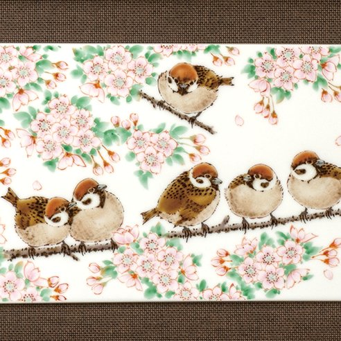 九谷焼作家 ギフト ご贈答品 御祝い九谷焼陶額 桜群雀図 中村陶志人