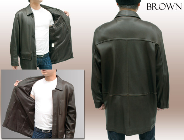 鹿革 ステンカラーコート メンズ ブラウン L/ 12301