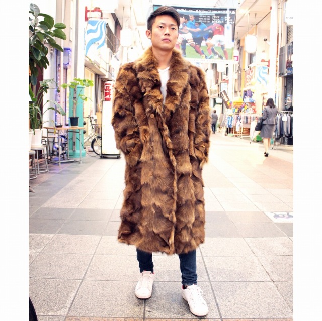 フォックス 毛皮コート メンズ ブラウン 着丈110cM/ フリーサイズ