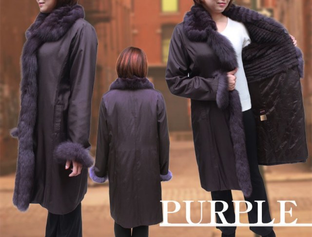 フォックス シルク ラビット 毛皮コート レディース ブラック/ブラウン