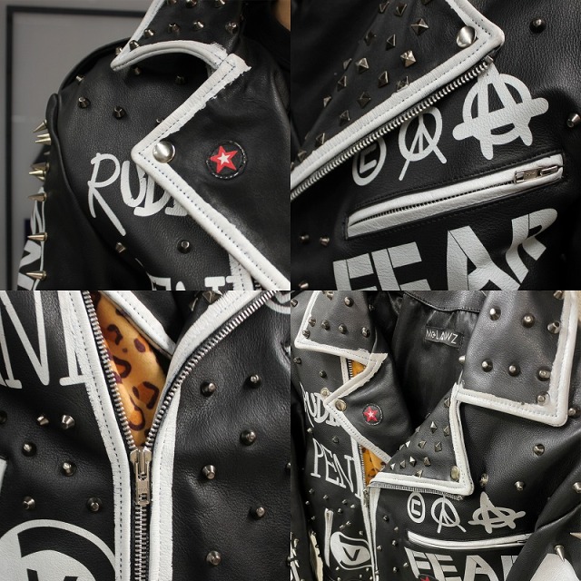 鋲ジャン メンズ スタッズ付き ロックスター レザージャケット ヒョウ