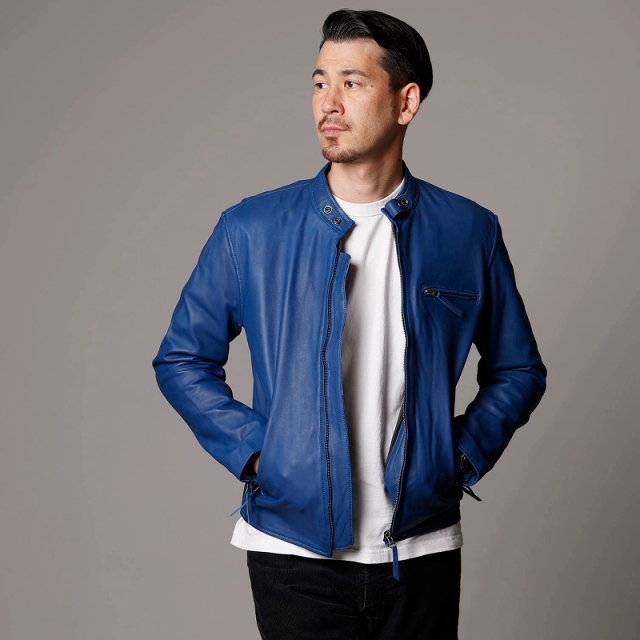 レザージャケット メンズ 本革 ブルー 青 シングルライダース