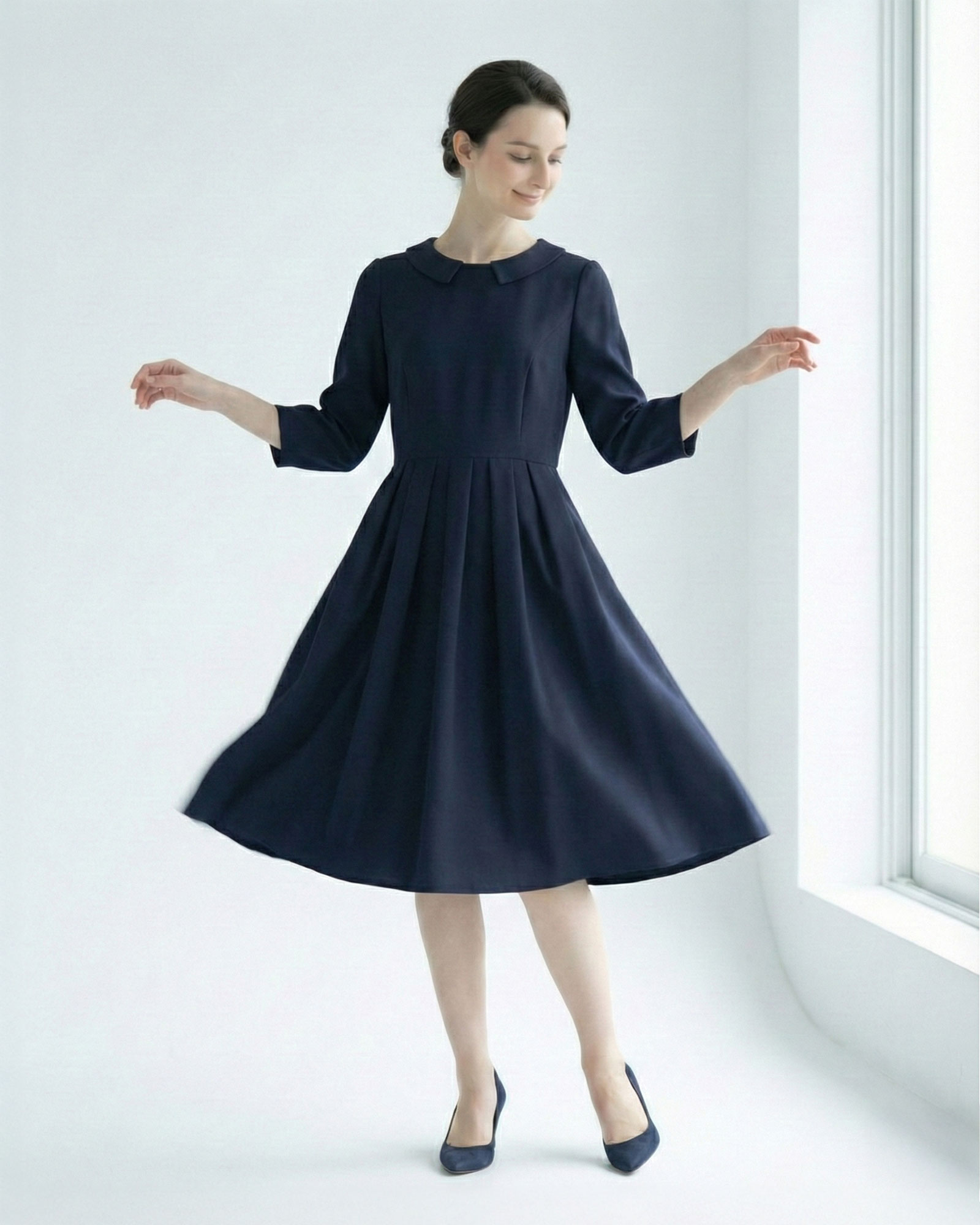 キレイ ワンピ エリーヌ】お色展開：ブラック,ネイビー ／ サイズ展開