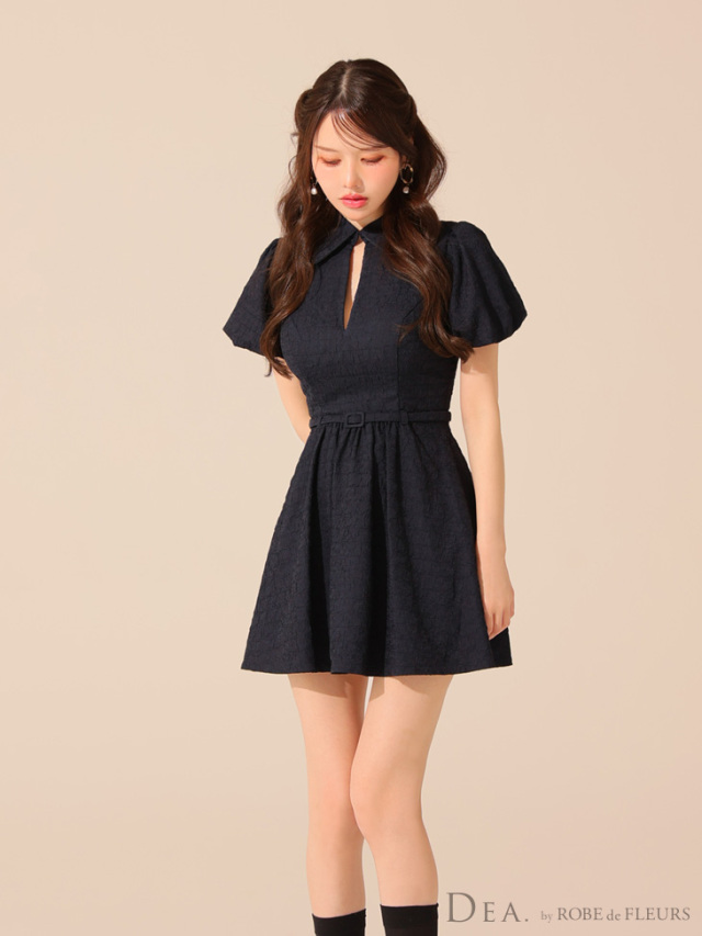 XS～Lサイズあり】ワッフル素材クラシカル襟付きフレアミニキャバ