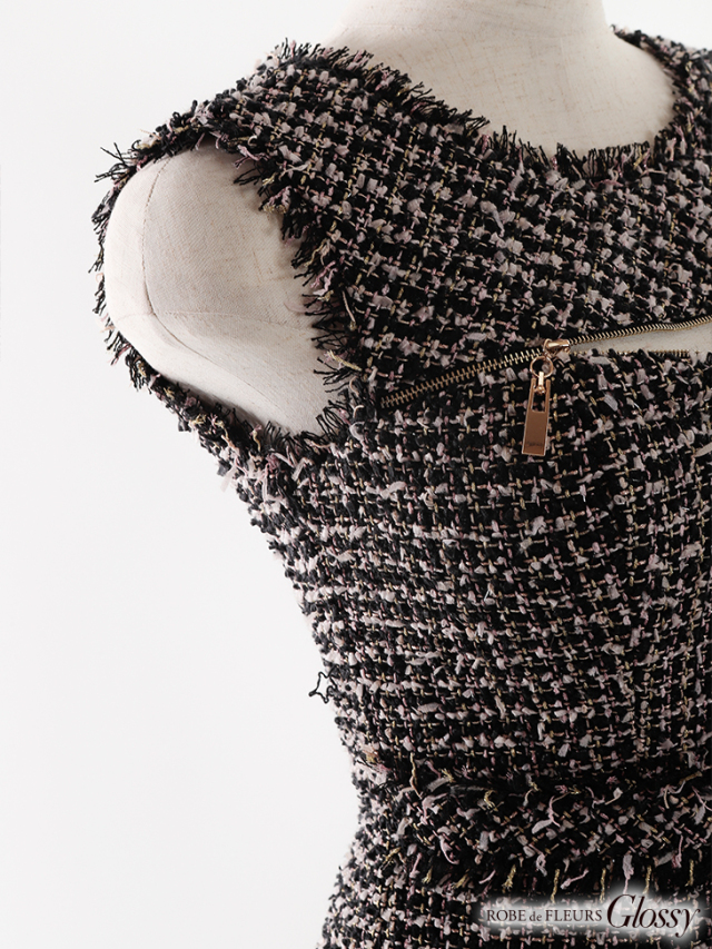 XS～Lサイズあり】ツイードxフロントジッパータイトミニキャバドレス