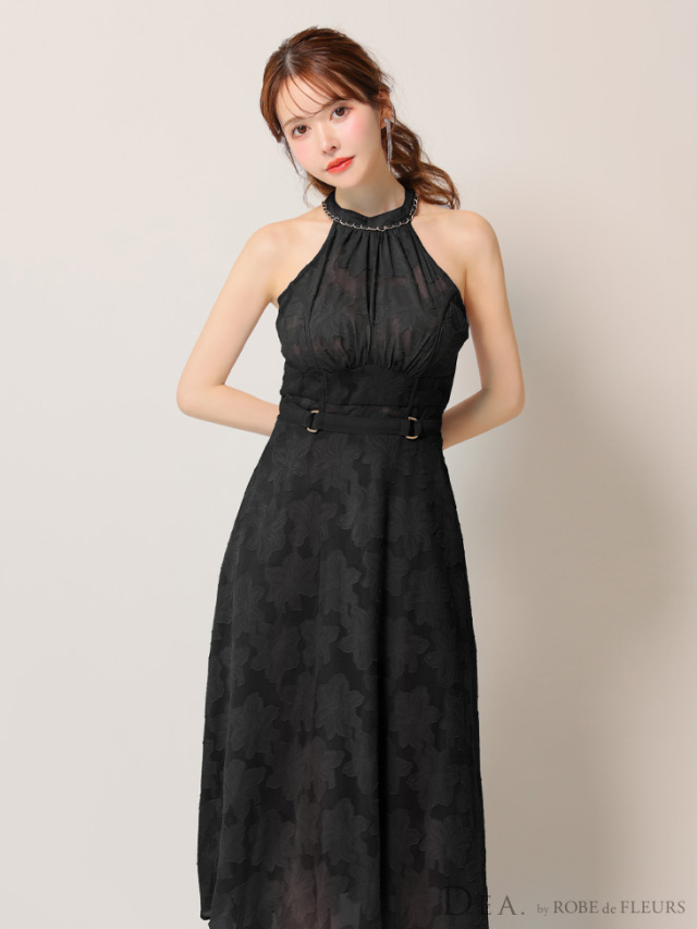 Lサイズあり】ホルターネックバックリボンレースフレアロングキャバ