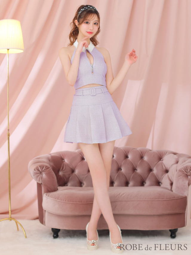 XSサイズあり】襟付きホルタージッパーツイードセットアップキャバ