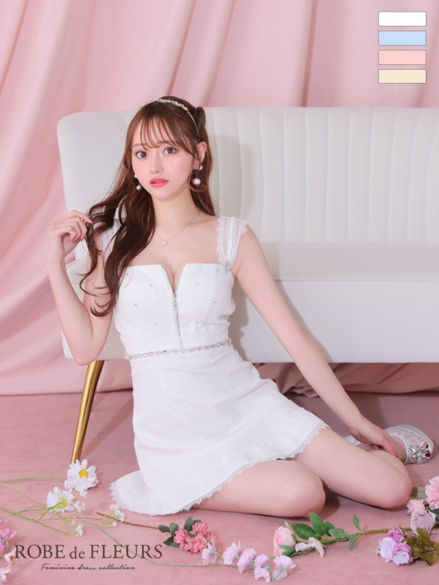 XSサイズあり】肩レース×ウエストビジューフレアミニキャバドレス(fm3425)