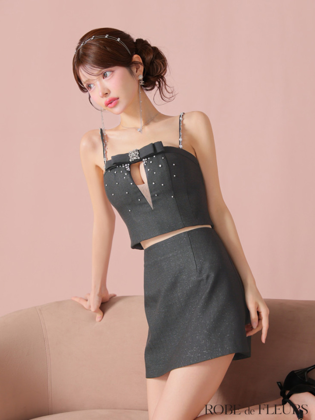 XSサイズあり】ビジューリボンセットアップタイトミニキャバドレス(fm3456)