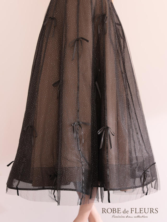 Lサイズあり】センタージップフレアリボンチュールミディキャバドレス