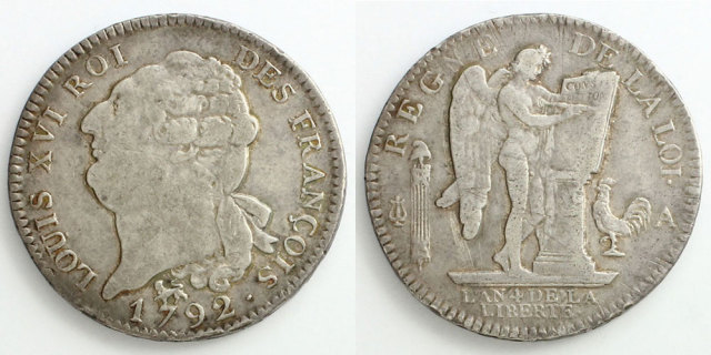 フランス革命期発行 1792 エキュ銀貨 ルイ16世／革命の守護天使