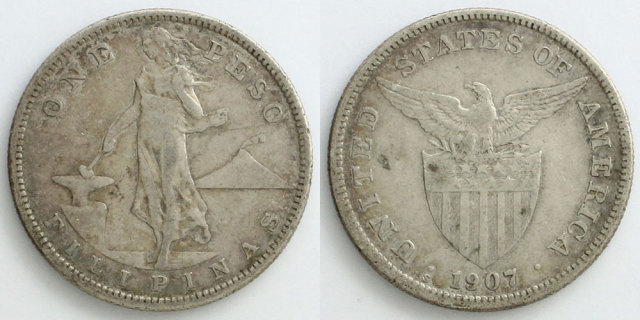 アメリカ領フィリピン 1907 1ペソ銀貨 マヨン火山の乙女