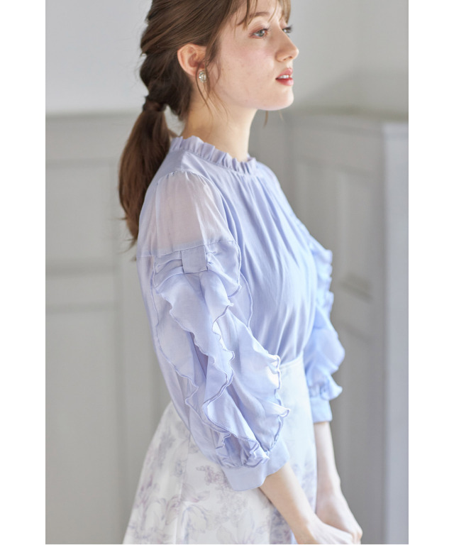 リボンラッフルフリルスリーブシアーブラウス
