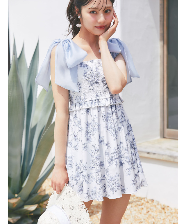 インナーパンツ付きシフォンリボンフラワープリントワンピース水着
