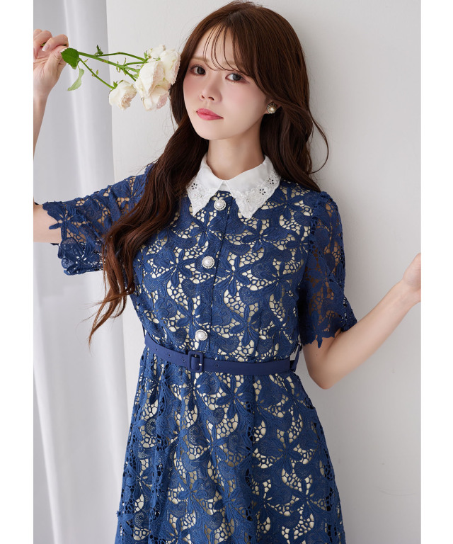 取り外し可能なフラワー刺繍ビジュー襟＆ベルト付きパール飾り釦カット