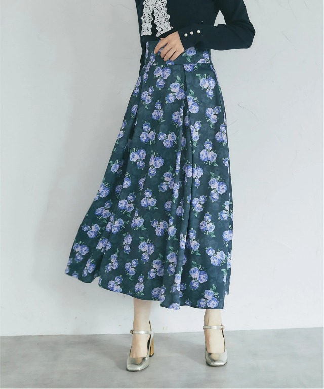 バックレースアップヴィンテージサテンローズフレアスカート