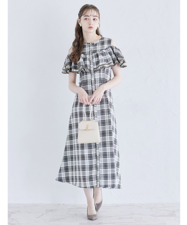 2WAYフリルオフショル付きバックレースアップチェック柄ワンピース