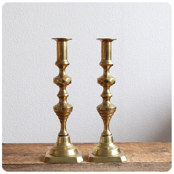 イギリス アンティーク ブラスキャンドルスタンドペア/2本/真鍮製