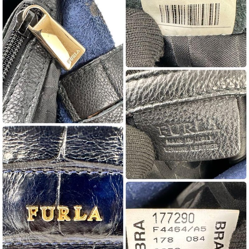 フルラ クロコ型押し ハンドバッグ ダークネイビー レザーバッグ 濃紺