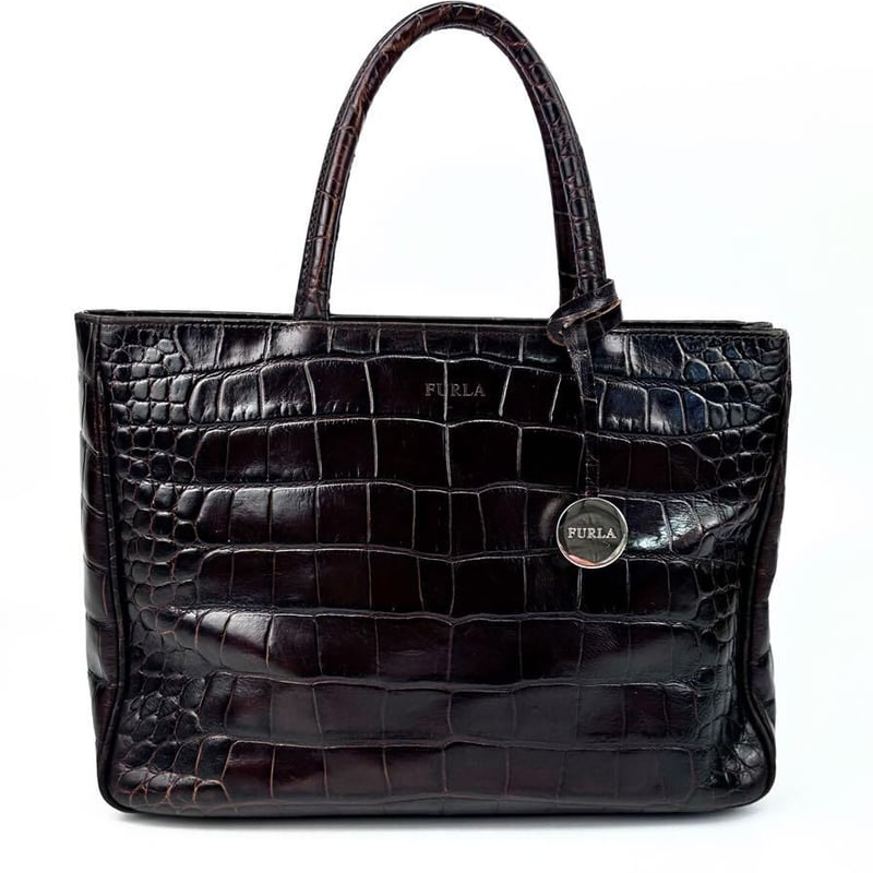 フルラ クロコ型押し ハンドバッグ ダークブラウン ビジネス