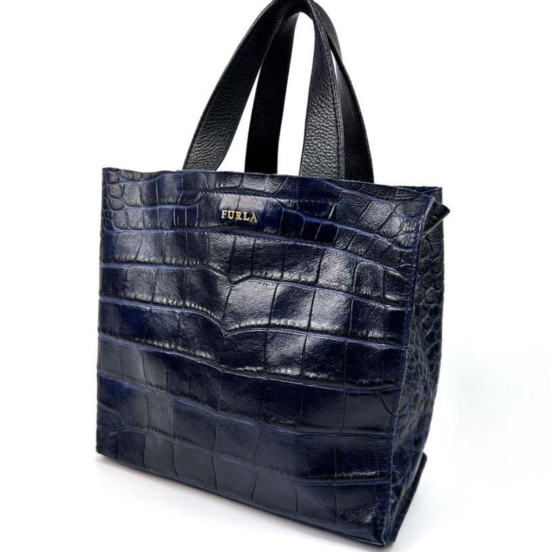 フルラ クロコ型押し ハンドバッグ ダークネイビー レザーバッグ 濃紺