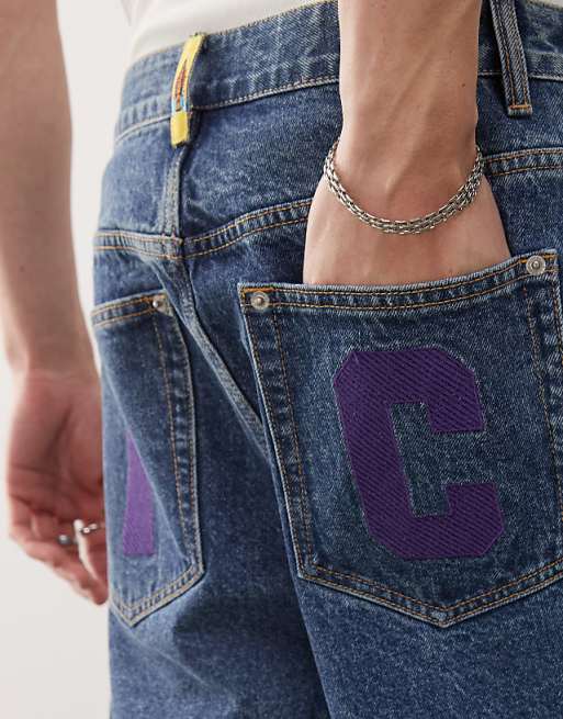 ICECREAM running dog baggy denim shorts in dark wash blue | ASOS