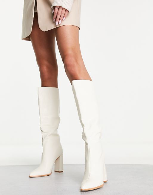 Public Desire Posie heel knee boots in off white | ASOS
