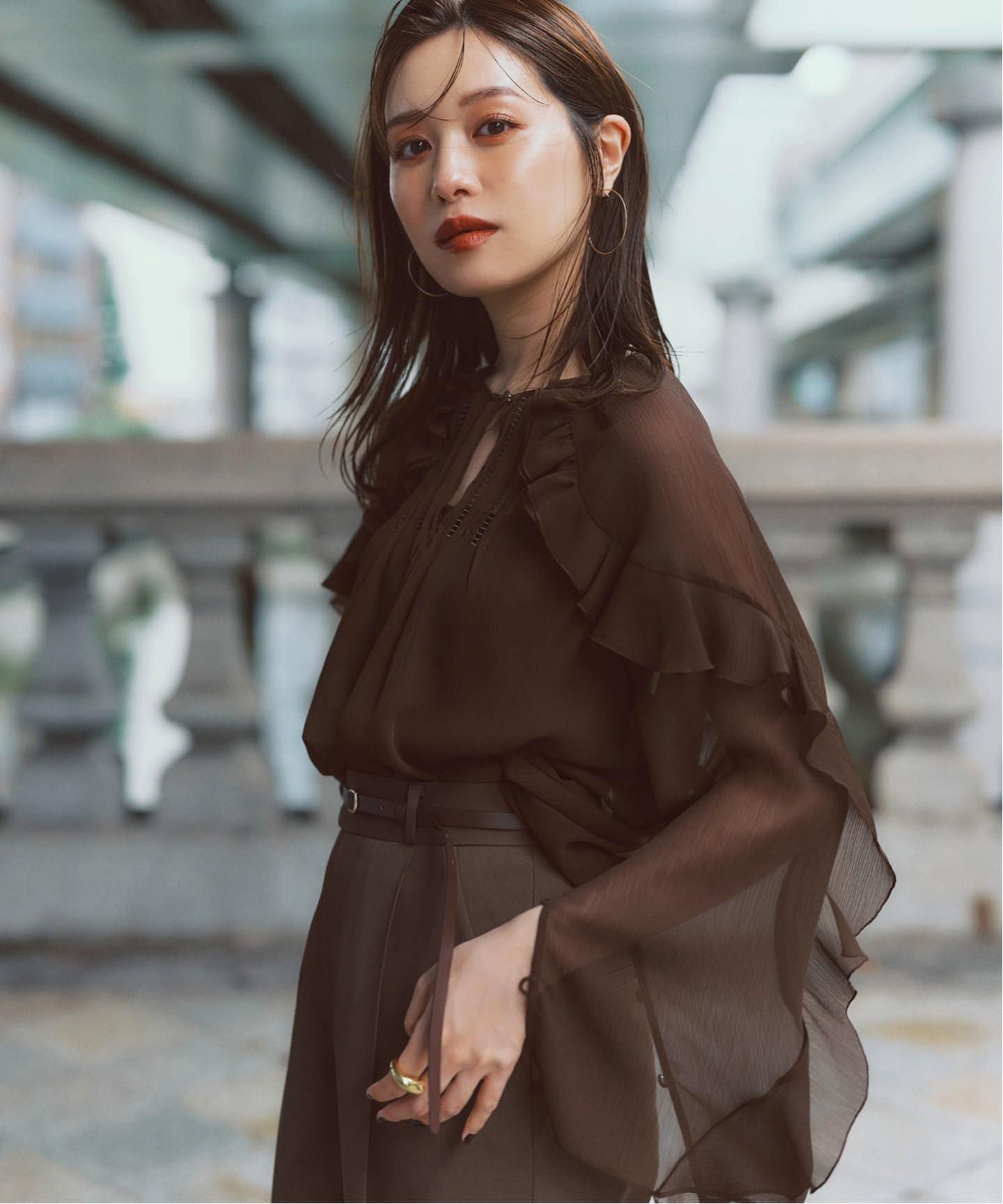 追加》【NOBLE×L'AUBE BLANC】楊柳フリル梯子刺繍ブラウス（シャツ