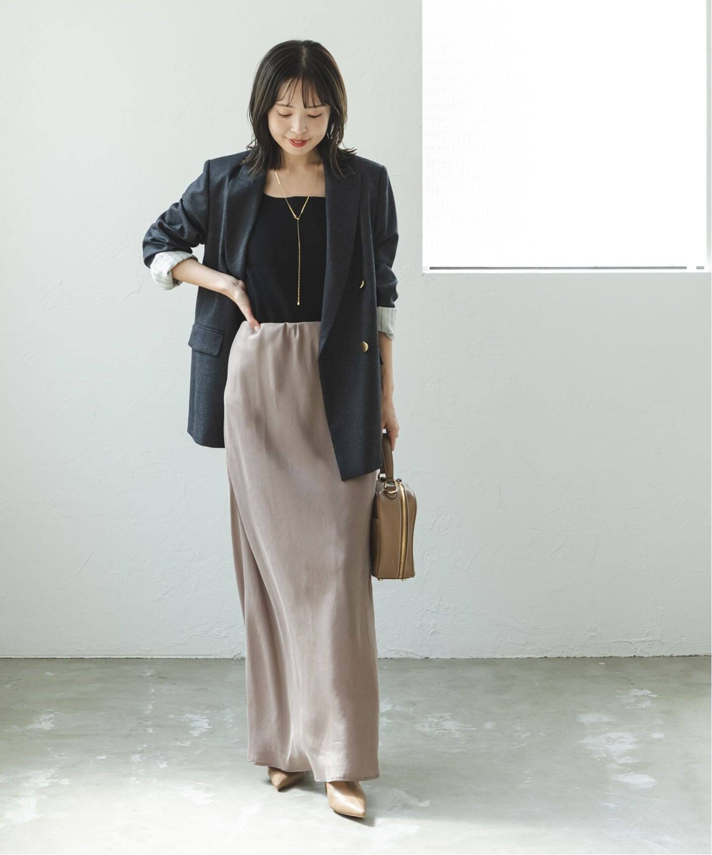 追加》キュプラサテンナローAラインスカート（ロング・マキシ丈