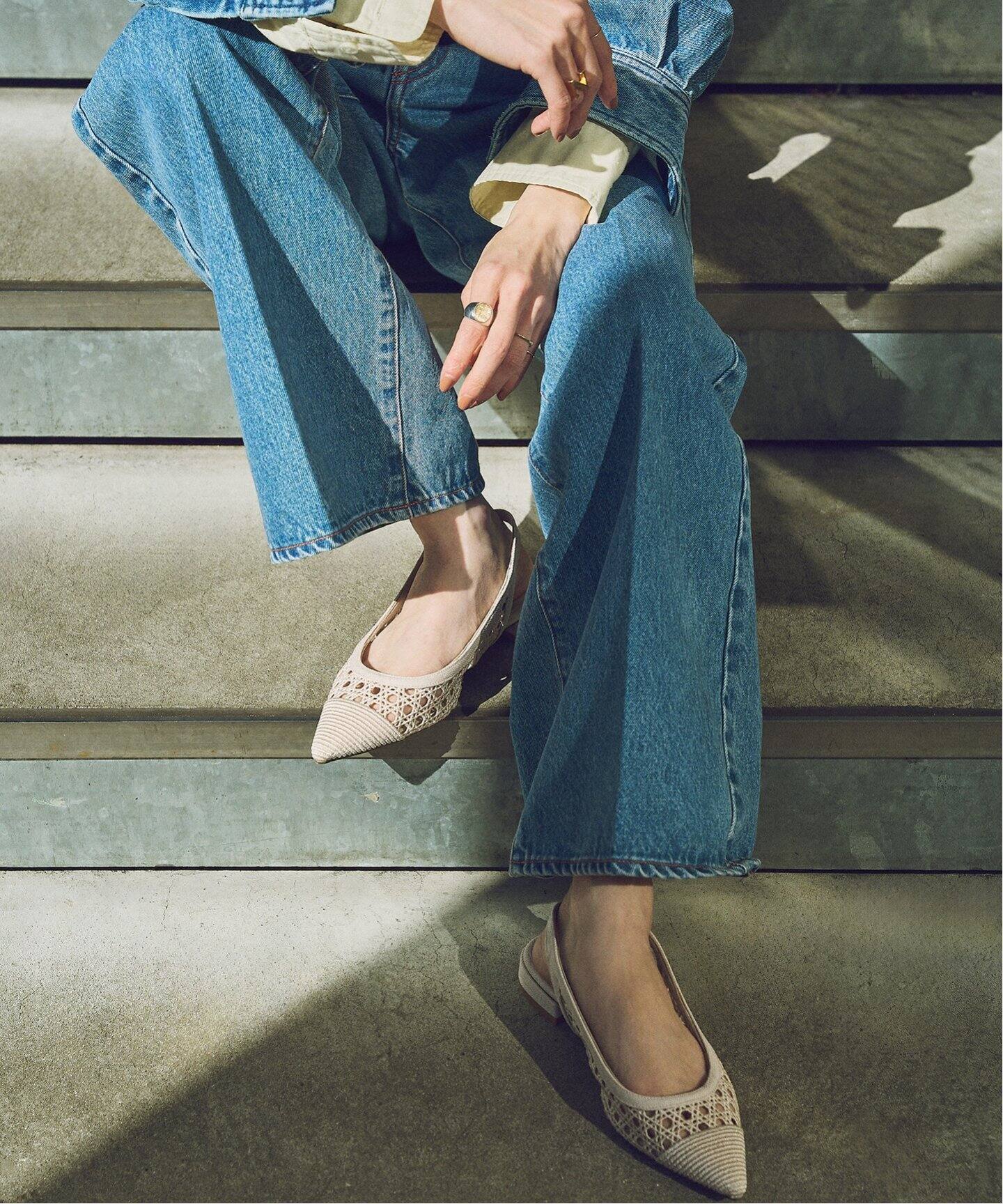 追加》ポインテッドクロシェレーススリングバック（フラットシューズ