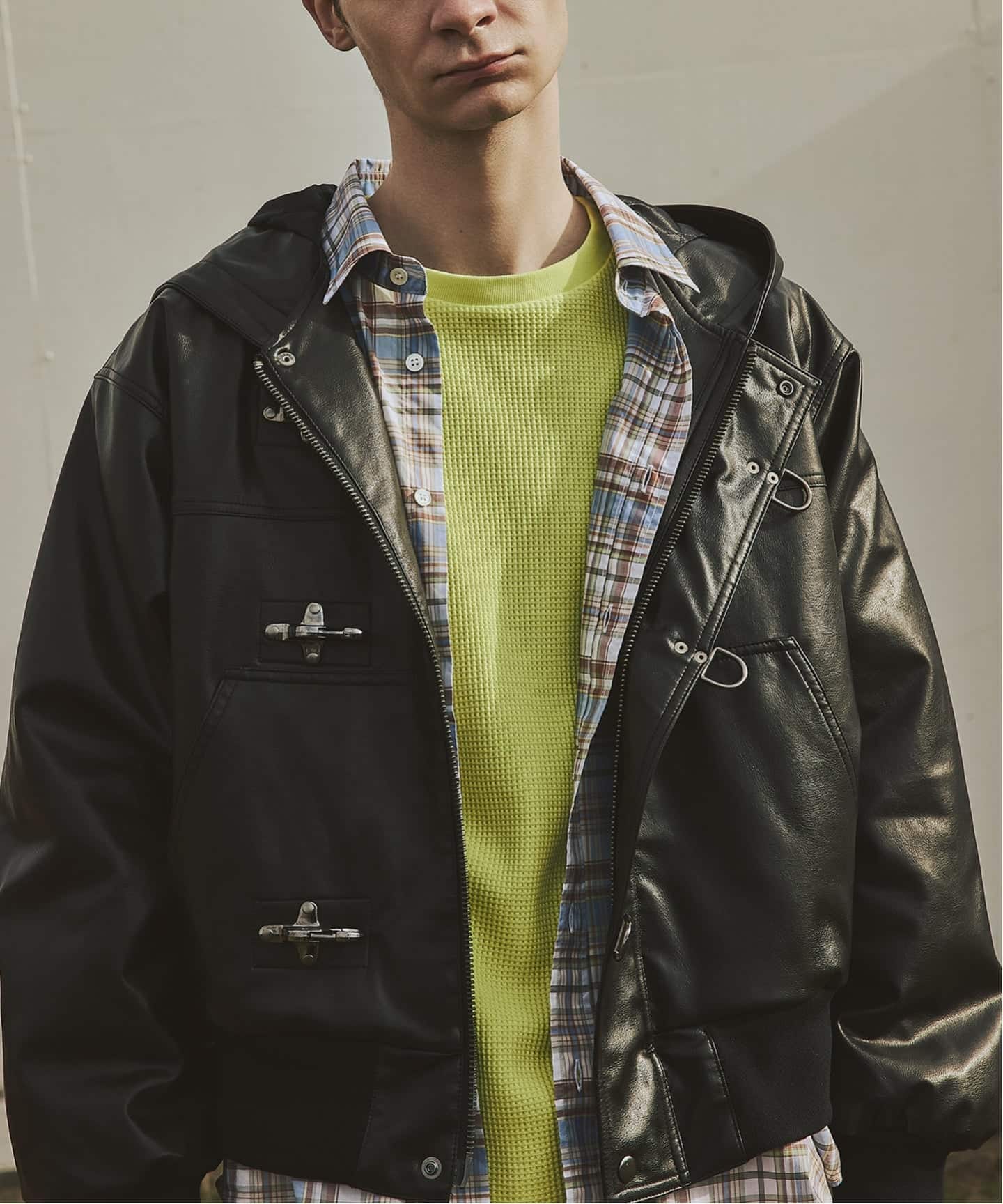 フェイクレザー ファイヤーマン フード ジャケット（レザージャケット