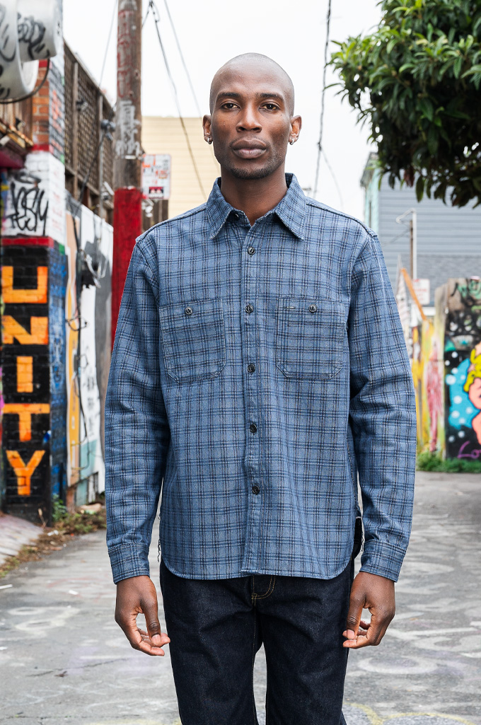 Studio D'Artisan 13oz Jacquard Check Work Shirt - Navy - 5734