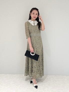 LEJA】レースビッグカラー花柄刺繍ウエストマークロングフレアドレス