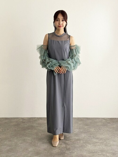 結婚式パーティードレスデタッチドスリーブ袖あり&ミモレ丈お呼ばれ