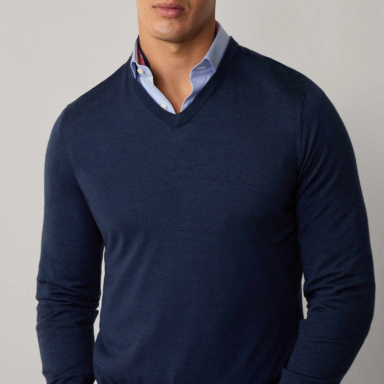 Buy Men Navy Merino-Silk V-Neck Jumper Online at The Collective