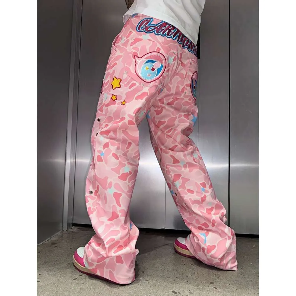Pink Camo Embroidered Wide Leg Pants - New Fashion Mens Pants