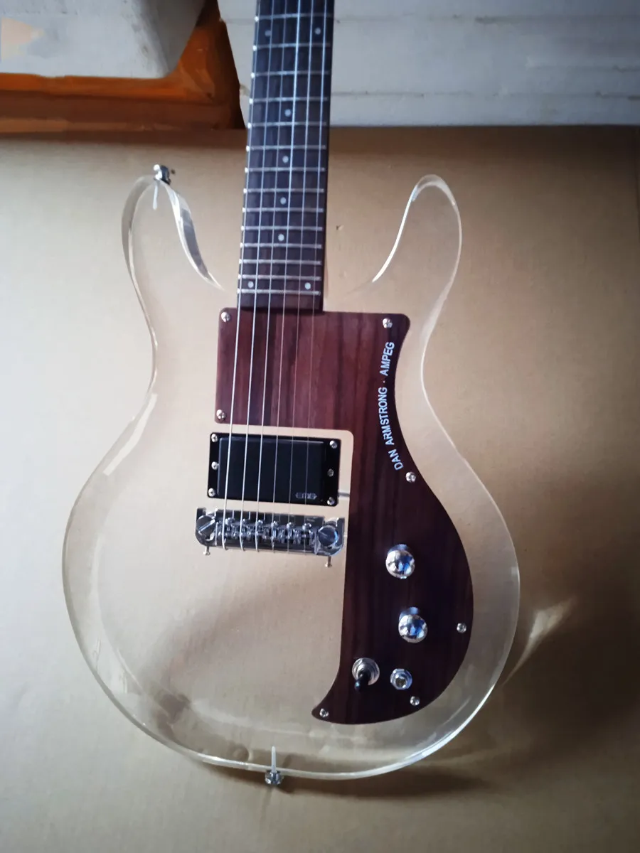 エレキギター 天然木 6 弦透明アクリルボディ、メイプルネック、ローズ