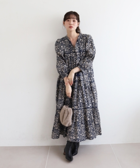 手洗い可能》Fanaka別注フラワー×ストライプワンピース/le.coeur blanc