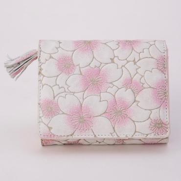 イタリアレザー サクラ花柄 中がL字ファスナー 二つ折財布 レディス