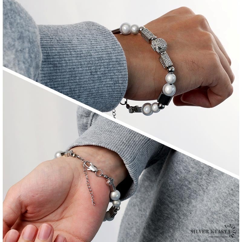 パールブレスレット メンズ シルバー ステンレス スカル パール