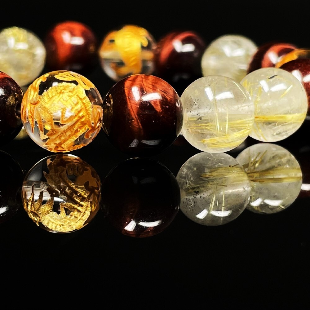 ビジネス運を高める数珠］10mm金彫四神獣 本水晶 レッドタイガーアイ