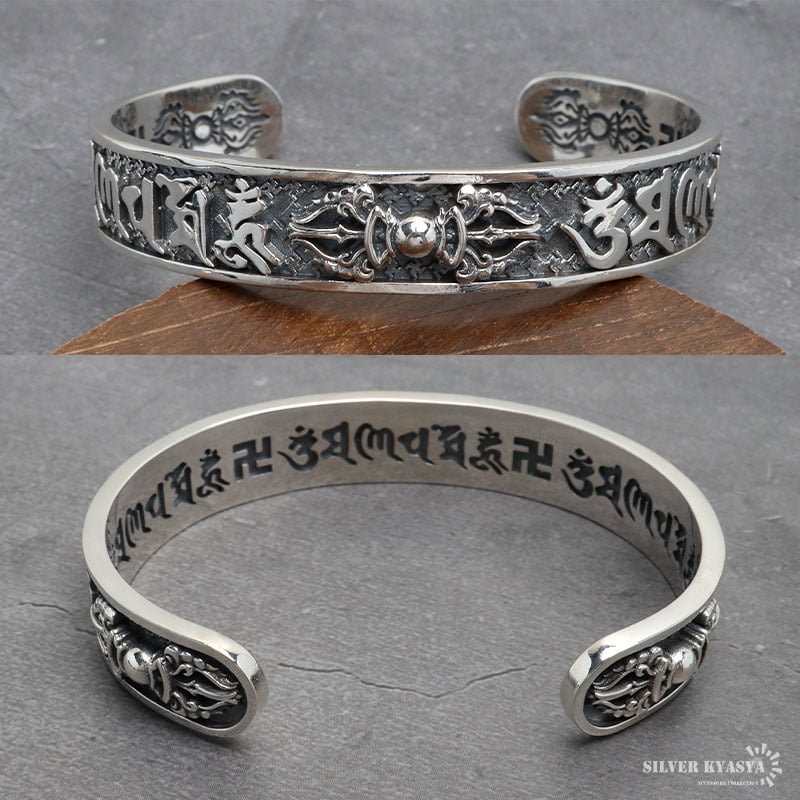 シルバー925 六字真言バングル メンズ 腕輪 三鈷杵 五鈷杵 シルバー