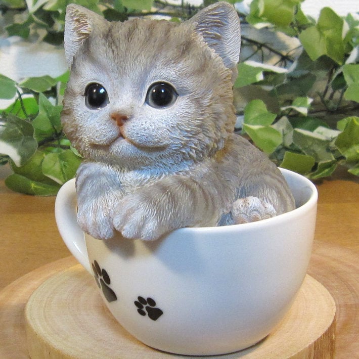 猫 置物 リアル ティーカップキャット グレー サバトラ ネコ 動物