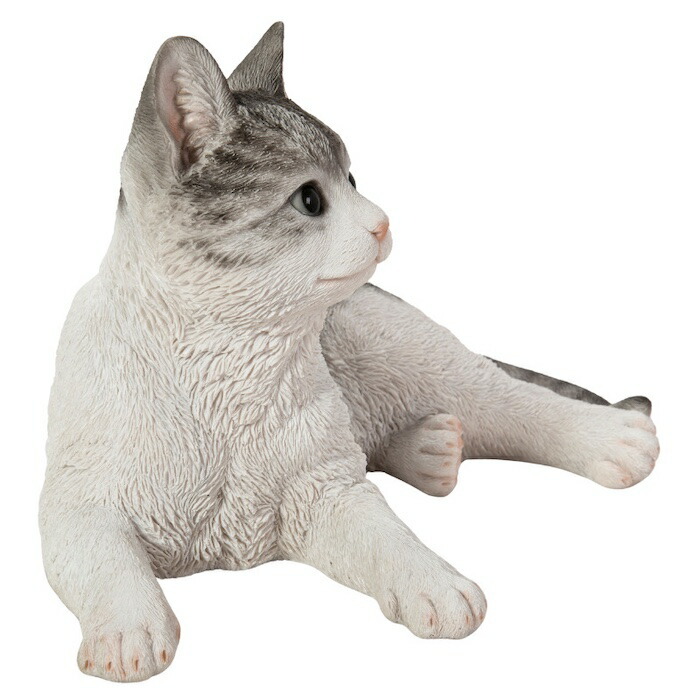 置物 動物 横たわるサバトラ白猫 ネコ 高さ19.5cm woobia ウービア