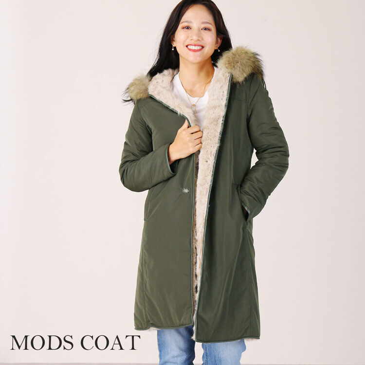 レディース モッズコート ラクーンファー トリミング フード付き