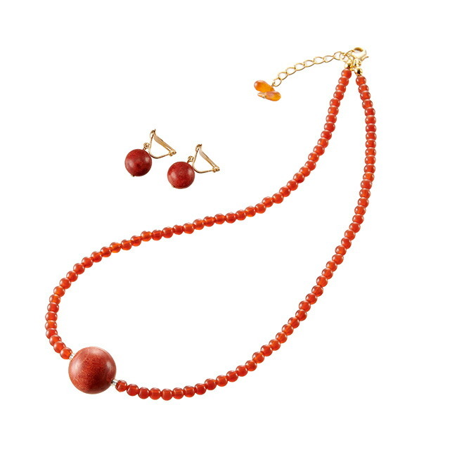 1-2W 大粒珊瑚と赤メノウのネックレス＆大粒珊瑚のイヤリング[珊瑚